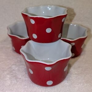 Mixedbag Designs Set of 4 Red/White Polka Dot Ceramic Ramekin Bowls MINT